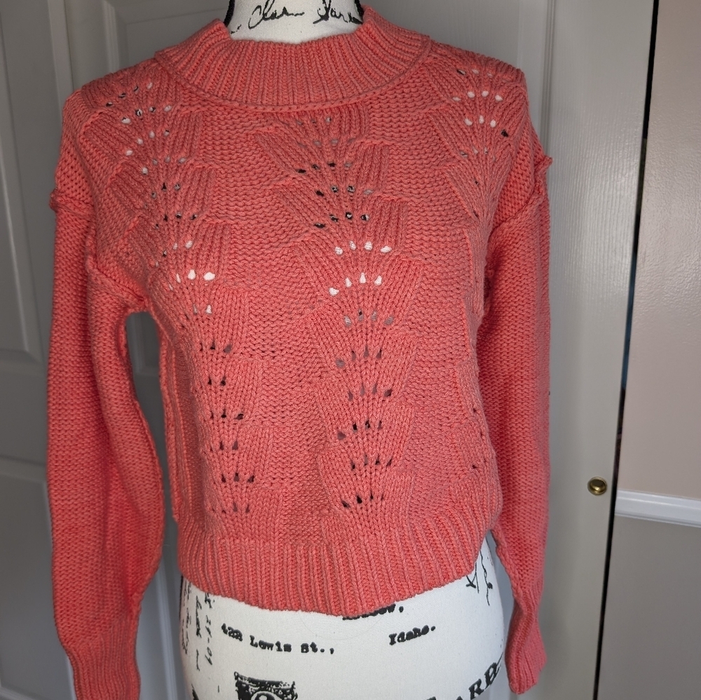 Free People Coral Open-Stitch Crewneck Sweater